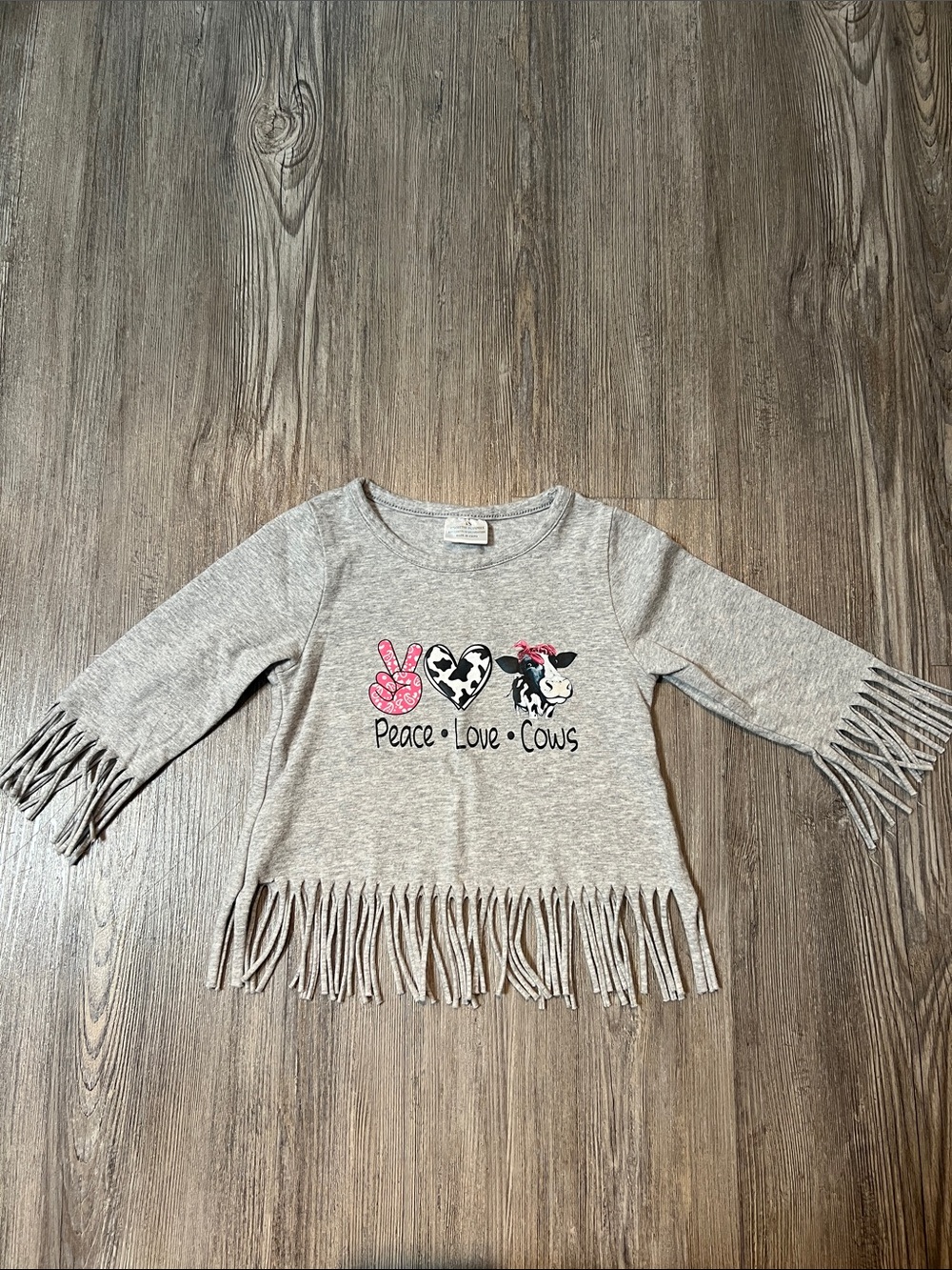 Girls' Gray Fringe Long-Sleeve Tee - Peace Love Cows- size 2T